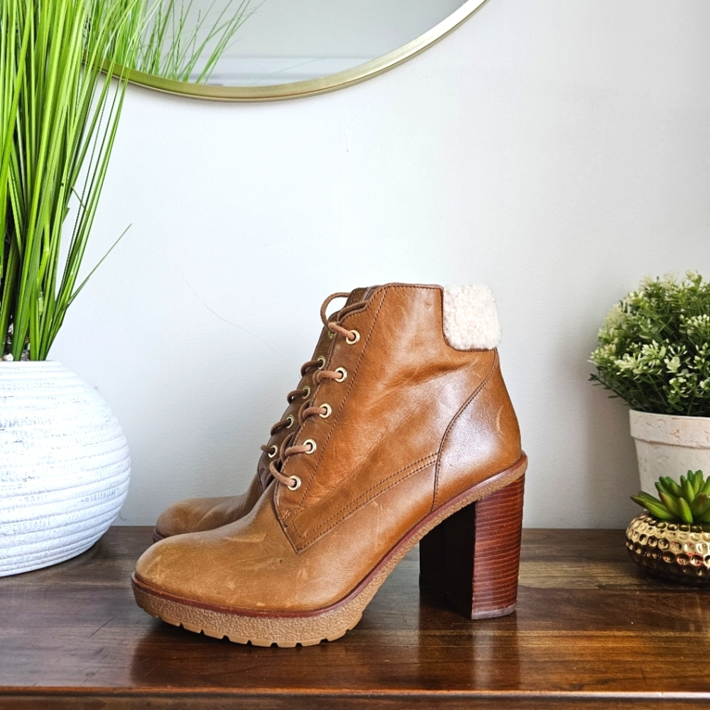 Michael Kors Women's Kim Lace Up Leather Bootie Dark Caramel Golden Zipper 10M